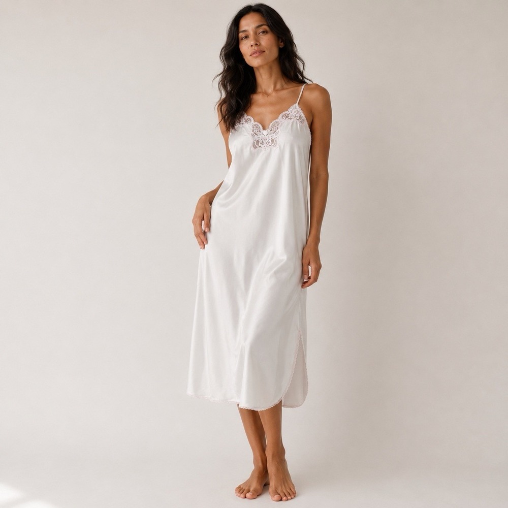 Vintage 1980s Deena silky satin lace full slip dress coquette Large night gown